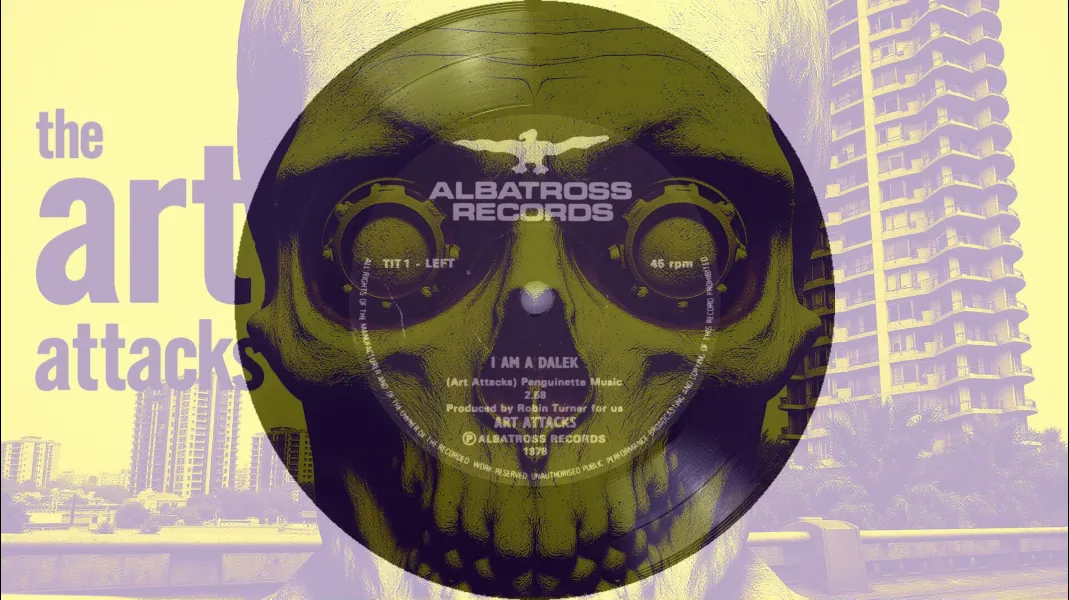 I Am A Dalek 7 inch single gently rotating with a background of high rise urban scenery